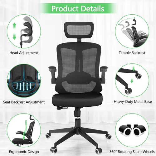 Vista 4 de Silla de oficina de malla, ergonómica con soporte lumbar, color negro, estilo moderno, respaldo de malla, bloqueo de inclinación de 90-135