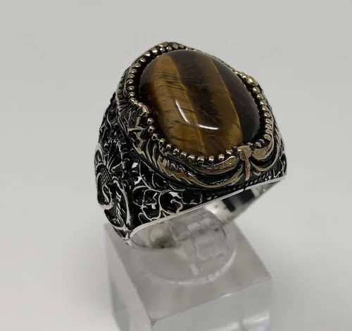 Vista 7 de KAR Anillo de ojo de tigre natural para hombre de plata de ley 925K estampado I1B
