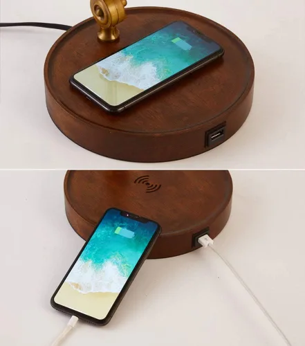 Vista 6 de Hsyile KU300237 Lámpara de mesa retro con interruptor de cuerda con puertos de carga USB, con pantalla de cristal retro verde para sala de estar