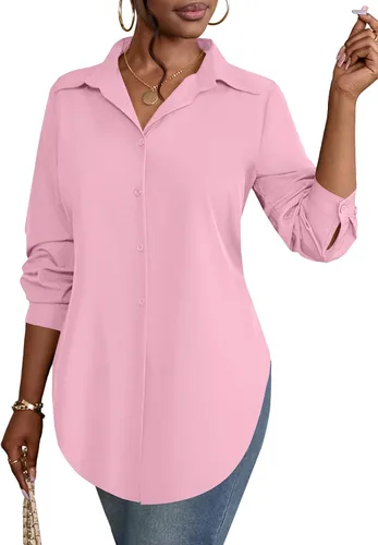 Vista 17 de Rooscier Blusa larga con cuello en V para mujer, manga larga, abertura lateral, con botones