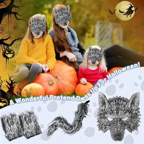 Vista 7 de Máscara de lobo con cola y guantes, disfraz de hombre lobo para hombres, mujeres y niños, disfraz de fiesta de Halloween, cosplay