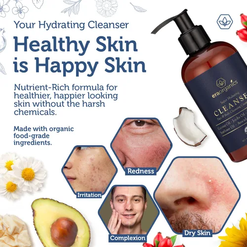 Vista 3 de Era Organics Lavado facial orgánico USDA para hombre, nutritivo, hidratante facial, limpiador corporal para una piel más suave