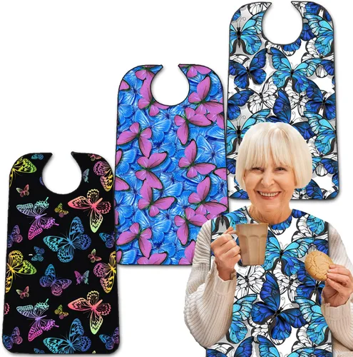 Vista 7 de Paquete de 3 baberos para adultos con recogedor de migas, baberos lavables y ajustables para adultos para mujeres mayores, baberos para comer