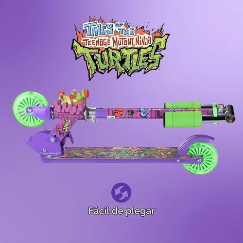 Vista 3 de Monopatín de 2 ruedas con ruedas que se iluminan – Plegable, plataforma antideslizante, cómodo y suave para andar TMNT