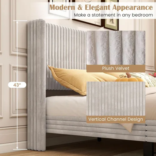 Vista 4 de Giantex Base de cama de terciopelo tamaño Queen, plataforma tapizada con cabecera vertical copetuda, base de colchón de soporte de listones