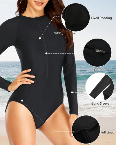 Vista 3 de Daci Trajes de baño de una pieza de manga larga para mujer, con protección Negro 1