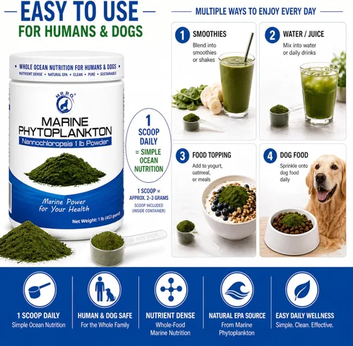 Vista 3 de Polvo de fitoplancton marino de 1 libra - Superalimento oceánico denso en nutrientes para humanos y perros - Fuente natural de EPA - Microalgas