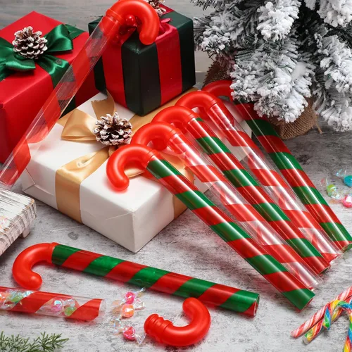 Vista 3 de Soaoo 60 recipientes de tubo con forma de bastón de caramelo de Navidad a granel de 12 pulgadas vacíos para dulces navideños con decoración roja
