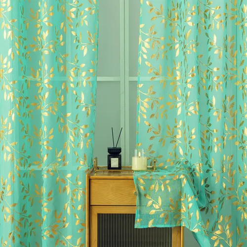 Vista 2 de Deeprove Cortinas traslúcidas color aguamarina y dorado de 63 pulgadas de largo, 2 paneles para decoración de dormitorio, cocina, decoración