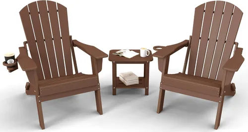 Vista 24 de Juego de sillas plegables Adirondack de 3 piezas, respaldo extra alto de 38 pulgadas y grano de madera en relieve, muebles de patio de polietileno