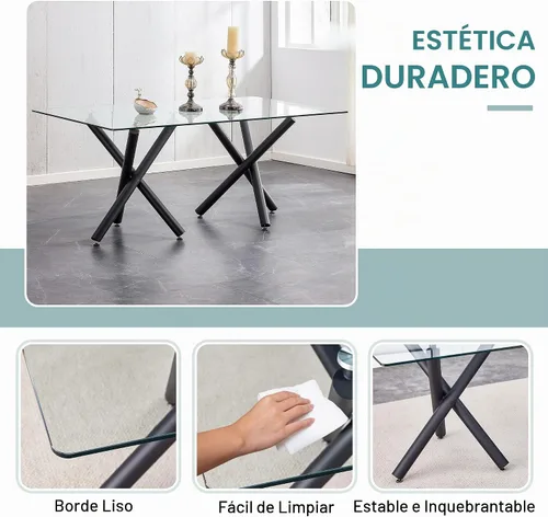 Vista 4 de Ebullient - Mesa de comedor de cristal de 71 pulgadas, moderna mesa rectangular de cocina para 8, mesa de vidrio transparente y patas de metal