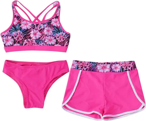 Vista 3 de Traje de baño tankini para niños y niñas, estampado de camiseta corta con calzones y pantalones cortos, traje de baño de 3 piezas