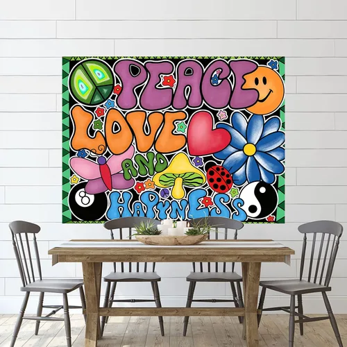 Vista 6 de Yanikki Tapiz de pared con signo de paz hippie de 50 x 60 pulgadas, diseño retro de los años 70 para colgar en la pared, decoración bohemia estética