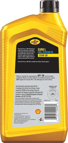 Vista 2 de Pennzoil Platinum Euro L - Aceite de motor sintético completo 5W-30, 1 cuarto de galón