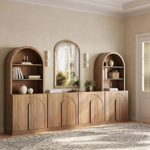 Vista 45 de BELLEZE Centro de entretenimiento modular de 4 piezas con almacenamiento, 2 vitrinas de madera moderna con gabinete arqueado y 2 armarios de puerta