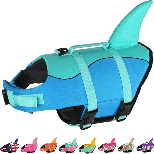 Vista 13 de Dogcheer - Chaleco salvavidas para perros, lindo diseño de tiburón para natación y navegación con flotabilidad superior y asa de rescate, chaleco
