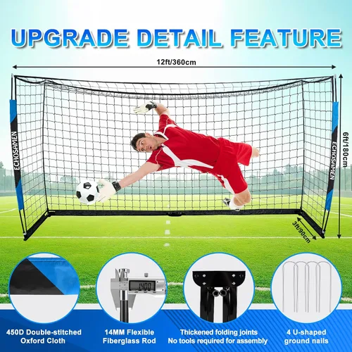 Vista 3 de Portería de fútbol de 12 x 6 pies/6 x 4 pies, portería de fútbol portátil para patio trasero, fácil de transportar, fácil de instalar, viene con 1