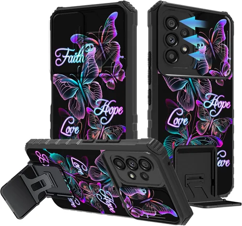 Vista 26 de Funda para Samsung Galaxy A13 5G/4G/A04S, Galaxy A13 5G con cubierta de cámara deslizante, funda de doble capa integrada con función atril