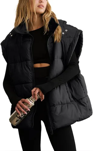 Vista 29 de Shiyifa Chaleco acolchado para mujer, chaqueta de gran tamaño, sin mangas, ligera, con cremallera, con capucha desmontable
