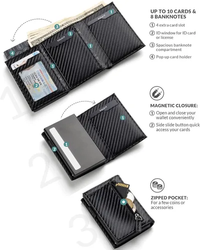 Vista 2 de VULKIT Tarjetero con bolsillo para monedas, cierre magnético, tarjetas emergentes con ventana de identificación, cartera de cuero para efectivo