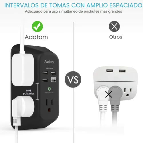 Vista 5 de Cargador de pared USB protector contra sobretensiones - Addtam extensor con 5 tomas de corriente y 4 puertos USB (1 puerto USB C), tira