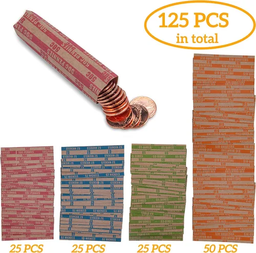 Vista 5 de DGBDPACK 125 Surtido de envoltorios planos para monedas, 25 centavos, 25 níquel, 25 centavos, 50 cuartos Paquete conveniente