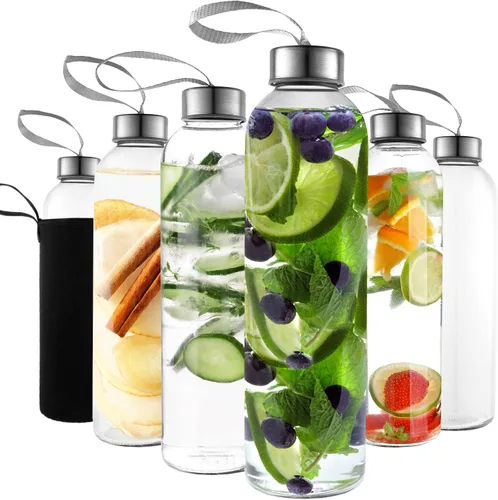 Vista 8 de Kitchen Lux Botellas de agua de vidrio de 18 onzas – Paquete de 4 fundas protectoras de nailon, tapas herméticas con rosca superior, bucles