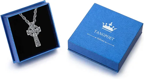 Vista 7 de TANGPOET - Collar de nudo celta de plata de ley con colgante de escudo de Asatru de buena suerte joyería irlandesa regalos para hombres mujeres
