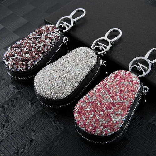 Vista 4 de Funda para llave de coche, multifuncional, con cierre y mosquetón, piel con brillantes, color rosa
