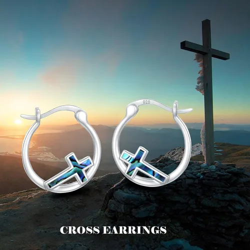 Vista 7 de Aretes de aro con cruz para mujer, plata de ley 925, con concha de abulón, regalos para mujeres y niñas