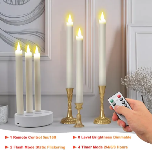 Vista 3 de Velas cónicas recargables sin llama, 6 unidades, velas LED cónicas parpadeantes con estación de carga y temporizador remoto para boda, Navidad
