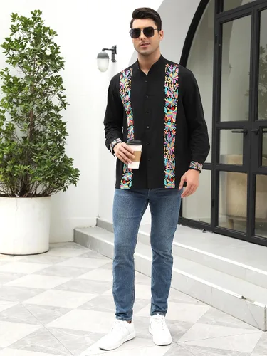Vista 6 de Camisas mexicanas para hombre, camisa de manga larga bordada con botones y cuello mandarín