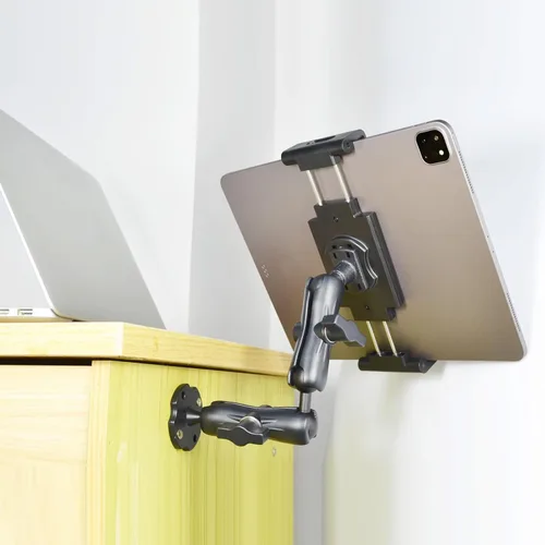 Vista 4 de VAUBORTTI Soporte de aluminio resistente para tablet de doble brazo con base de taladro de rotación de 360° de 4 puntos, se adapta a tabletas de 6.5