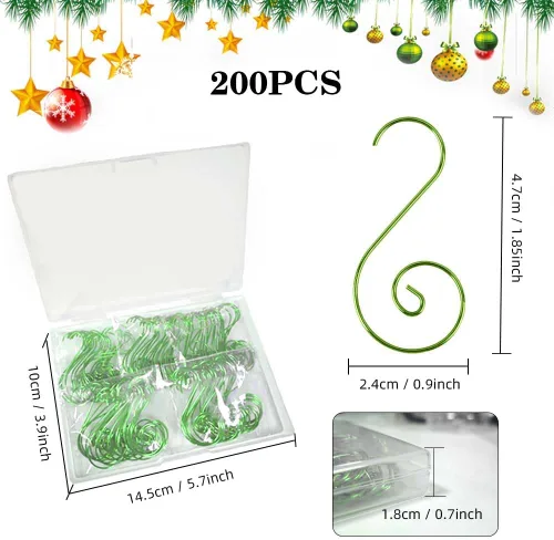 Vista 3 de Ganchos para Adornos, Ganchos Verdes para Adornos de Navidad, 200 Piezas Ganchos para Adornos de Navidad, Ganchos de Metal para Adornos, Anclajes