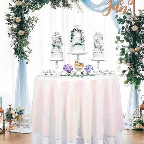 Vista 10 de ShinyBeauty Mantel de lentejuelas rosa intenso, superposición redonda brillante de 120 pulgadas para decoración de bodas, fiestas de cumpleaños