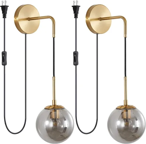 Vista 16 de KCO Lighting Juego de dos apliques de pared de vidrio blanco esmerilado con globo esférico dorado de latón, luz de pared con cable ajustable
