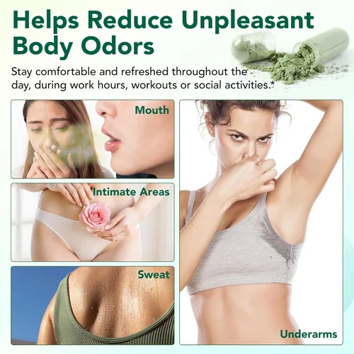 Vista 3 de Suplemento desodorizante corporal, desodorante interno natural para axilas, áreas íntimas y aliento oral, cápsulas de clorofila para mujeres