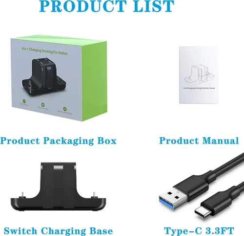 Vista 6 de Estación de carga de controlador mejorada para controlador Nintendo Switch Pro y Joy con, soporte de carga FANPL 6 en 1 para Switch y modelo OLED