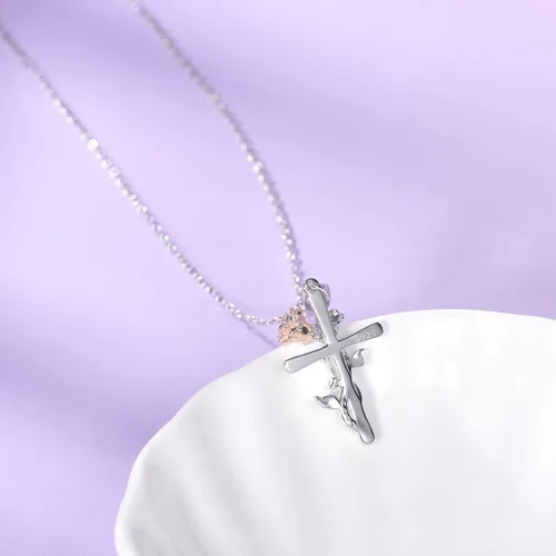 Vista 4 de Distance S925 Sterling Silver Rose Flower Necklace, Rose Bracelet, Two-Tone Cross Pendant Necklaces for Women Girls Gift for Valentine Birthday