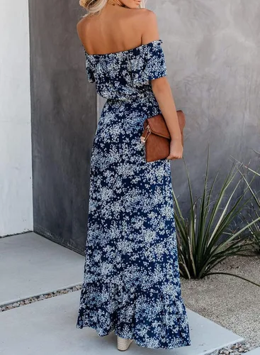 Vista 2 de Happy Sailed - Vestido largo casual con hombros descubiertos para mujer, manga corta, dobladillo irregular con volantes, para dama de honor, fiesta