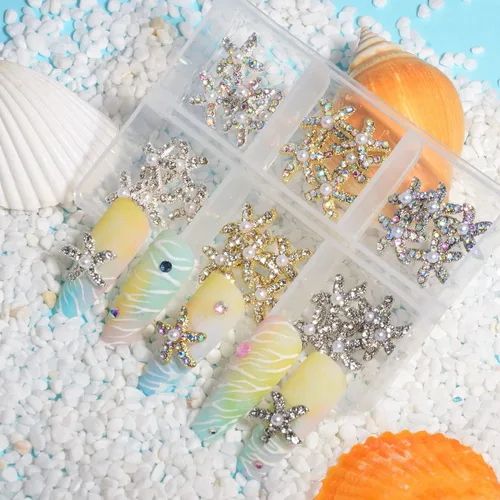 Vista 3 de 30 dijes de uñas de estrella de mar de aleación 3D, diamantes de imitación de uñas de 6 colores AB brillantes cristales diamantes, joyería de uñas