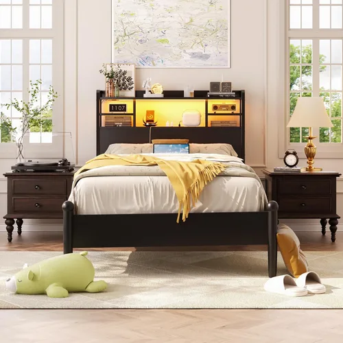 Vista 2 de Aheaplus Cabecero para cama de tamaño individual con almacenamiento, cabeceros con luz LED, tomas de corriente, puertos USB, tamaño individual