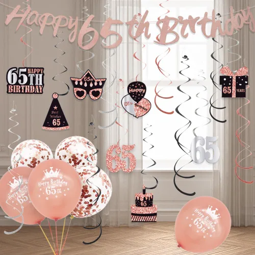 Vista 4 de WOJOGO Decoraciones de cumpleaños número 65 para mujer, kit de decoración de cumpleaños número 65 de oro rosa con pancarta, decoración de pastel