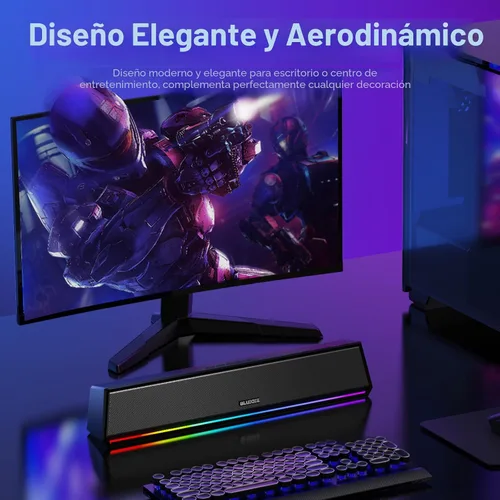 Vista 5 de Bluedee Altavoces de computadora para PC de escritorio, altavoces Bluetooth 5.3 para PC con luz RGB dinámica, barra de sonido de computadora