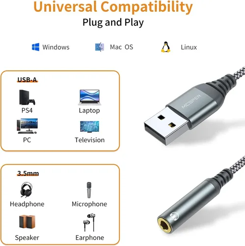 Vista 3 de Adaptador de USB a conector de audio de 3.5mm, convertidor de tarjeta de sonido externa compatible con auriculares, PC, portátil, Mac, computadoras
