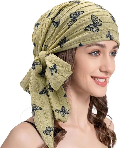 Vista 11 de ZLYC Gorro de quimioterapia para mujer, bufanda suave para la cabeza, gorro elástico Verde sólido