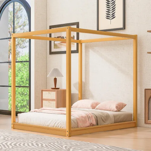 Vista 3 de Base de cama Queen con patas de toldo, plataforma de madera, soporte de listones de madera, no necesita somier Natural