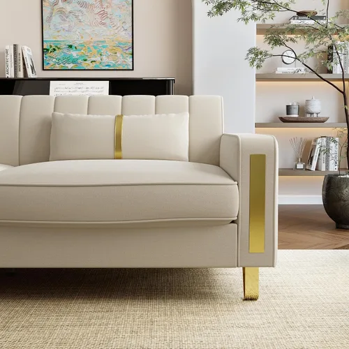 Vista 3 de Sofá de dos plazas para sala de estar, sofá de terciopelo beige de 86 pulgadas con 2 almohadas y patas de metal dorado, sofá tapizado moderno sofá