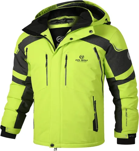 Vista 8 de EVIL WOLF Chaqueta de esquí impermeable para hombre, con capucha y cálida, con múltiples bolsillos, equipo esencial de invierno para esquí