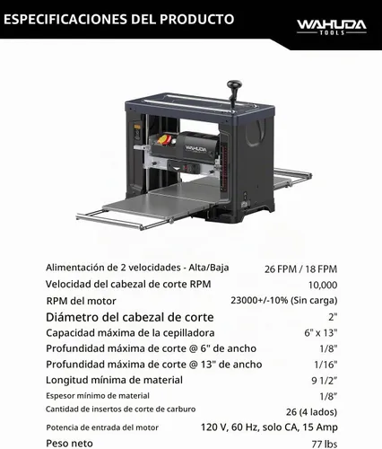 Vista 6 de Wahuda Tools Cepilladora de cabeza de corte en espiral de 13" con puntas de carburo de 4 lados (dos velocidades-nuevas)